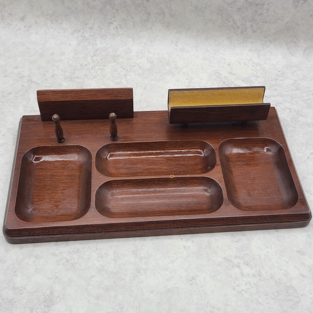 Vintage Men's Walnut Wood Dresser Top Tray Valet Organizer